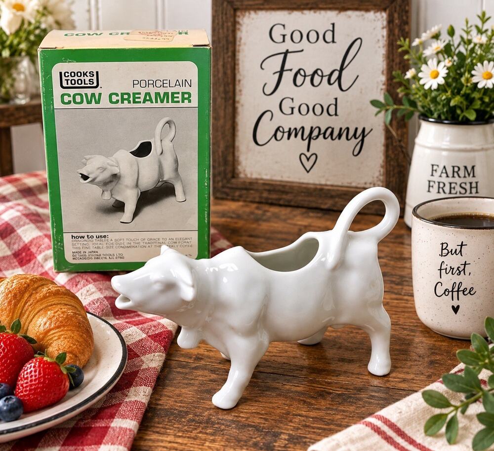 Vintage Cooks Tools Porcelain Cow Creamer White Made in Japan NIB w/ Box